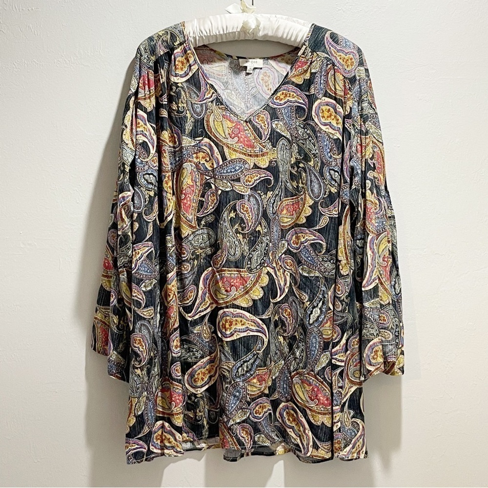 UMGEE Women’s Black Yellow Paisley Bell Sleeve V-Neck Tunic Dress Size Medium